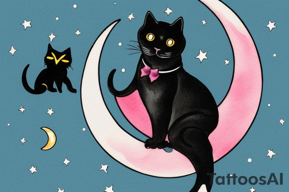 left forearm

crescent moon with a tuxedo black cat sitting on it.

on the crescent moon there are strings of stars dangling from it

the cat is sitting on the edge of the moon looking up

the colors used should be subtle colors. pink
no background tattoo idea