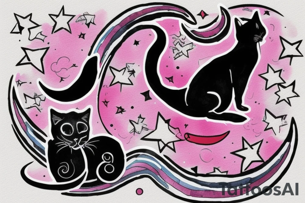 left forearm

crescent moon with a tuxedo black cat sitting on it.

on the crescent moon there are strings of stars dangling from it

the cat is sitting on the edge of the moon looking up

the colors used should be subtle colors. pink
no background tattoo idea