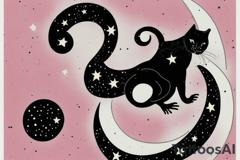 left forearm

crescent moon with a tuxedo black cat sitting on it.

on the crescent moon there are strings of stars dangling from it

the cat is sitting on the edge of the moon looking up

the colors used should be subtle colors. pink
no background tattoo idea