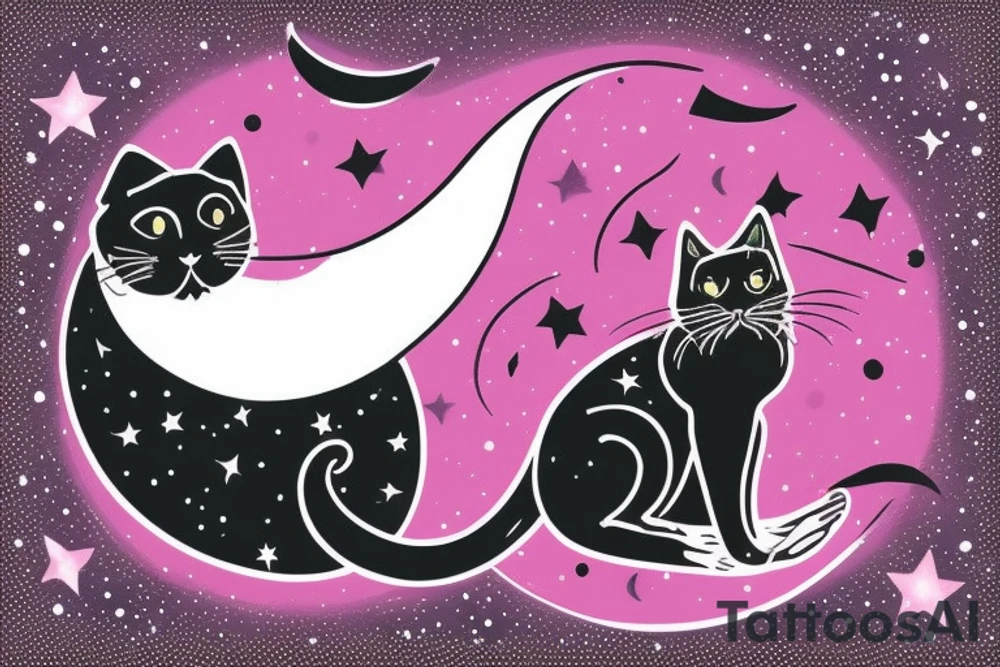 left forearm

crescent moon with a tuxedo black cat sitting on it.

on the crescent moon there are strings of stars dangling from it

the cat is sitting on the edge of the moon looking up

the colors used should be subtle colors. pink
no background tattoo idea