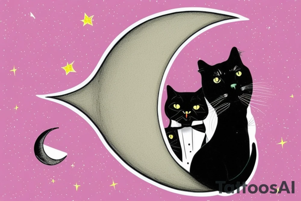 left forearm

crescent moon with a tuxedo black cat sitting on it.

on the crescent moon there are strings of stars dangling from it

the cat is sitting on the edge of the moon looking up

the colors used should be subtle colors. pink
no background tattoo idea