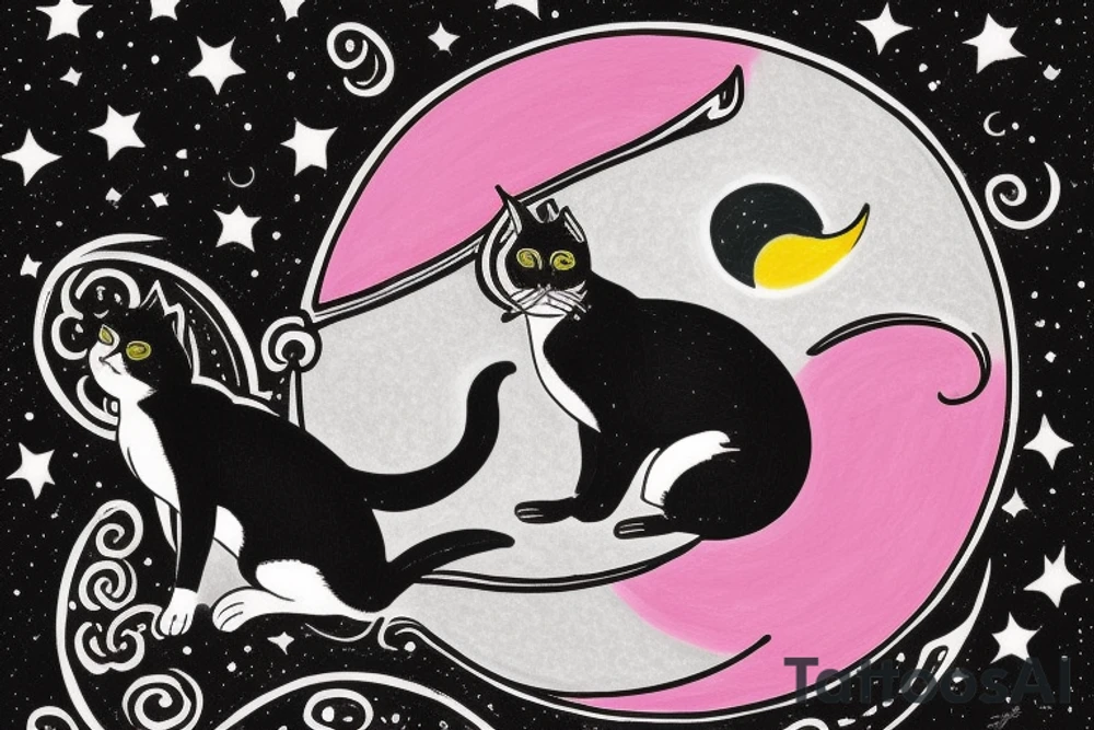 left forearm

crescent moon with a tuxedo black cat sitting on it.

on the crescent moon there are strings of stars dangling from it

the cat is sitting on the edge of the moon looking up

the colors used should be subtle colors. pink
no background tattoo idea