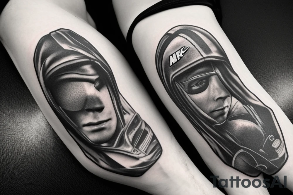 Men with a balaclava dressed with Nike tech with a Ford mustang on the background tattoo idea