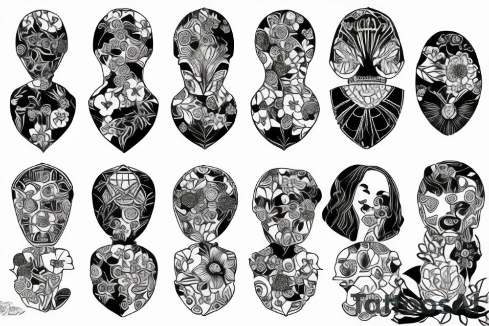 Include bee, greek bust with flowers and a geometric design tattoo idea