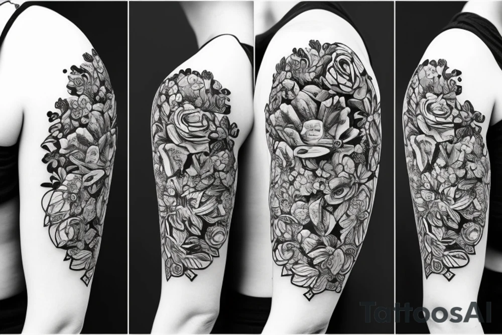 Include bee, greek bust with flowers and a geometric design tattoo idea Include bee, greek bust with flowers and a geometric design tattoo idea