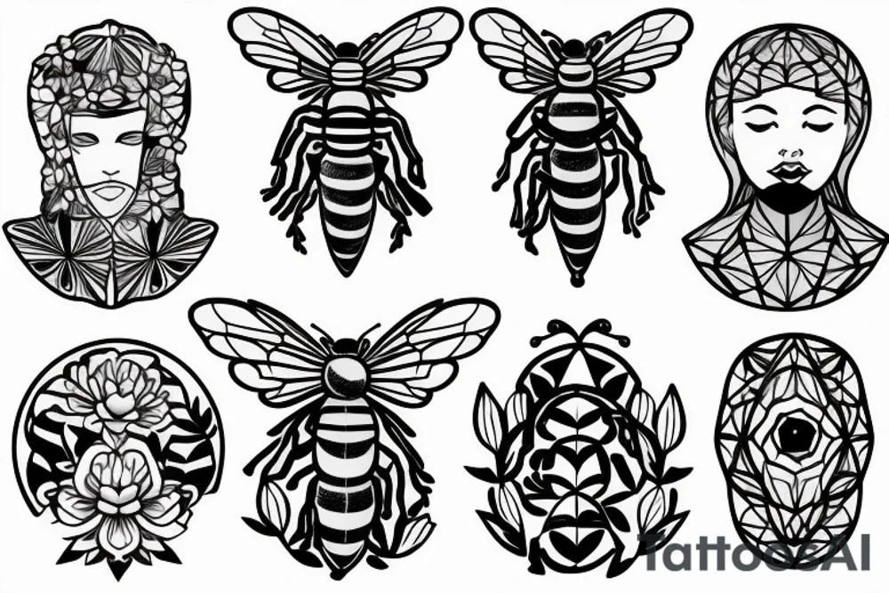 Include bee, greek bust with flowers and a geometric design tattoo idea