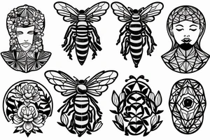 Include bee, greek bust with flowers and a geometric design tattoo idea