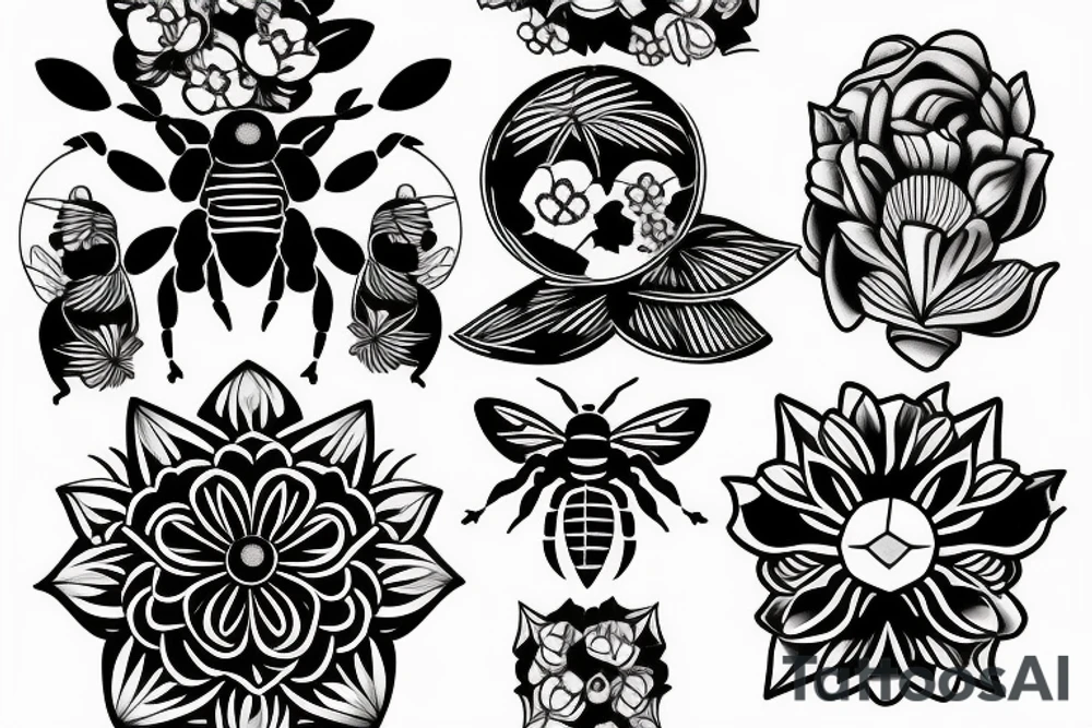 Include bee, greek bust with flowers and a geometric design tattoo idea Include bee, greek bust with flowers and a geometric design tattoo idea