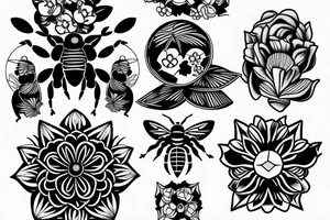 Include bee, greek bust with flowers and a geometric design tattoo idea