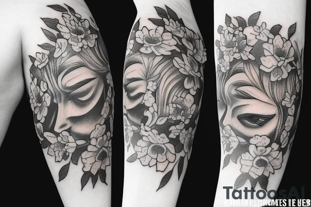 Include bee and greek bust with flowers tattoo idea
