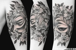 Include bee and greek bust with flowers tattoo idea