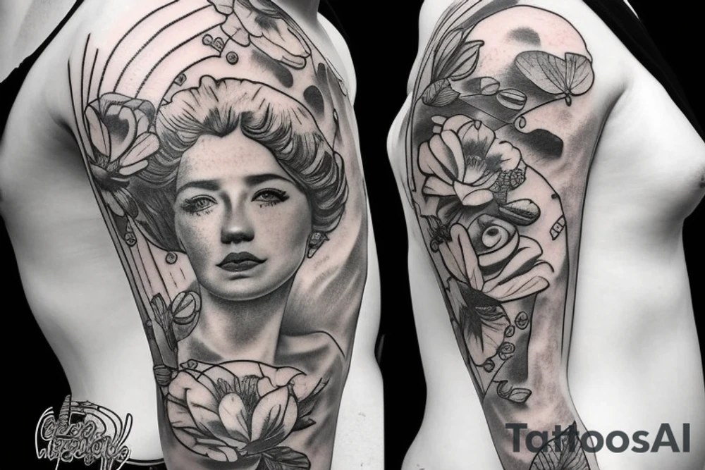 Include bee and greek bust with flowers tattoo idea