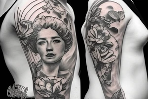 Include bee and greek bust with flowers tattoo idea