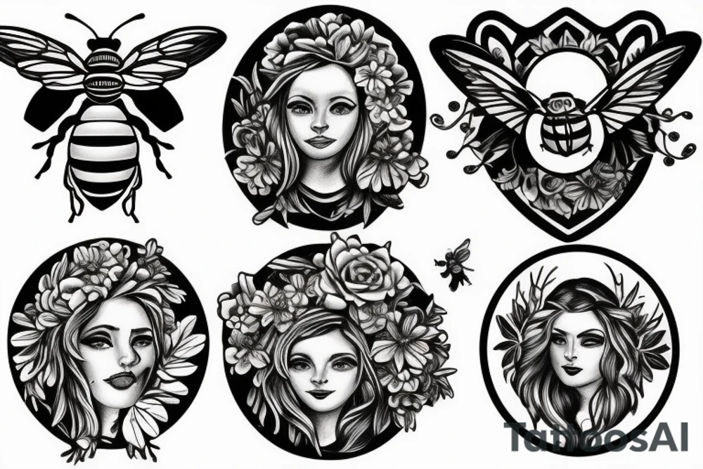 Include bee and greek bust with flowers tattoo idea
