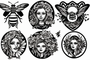 Include bee and greek bust with flowers tattoo idea