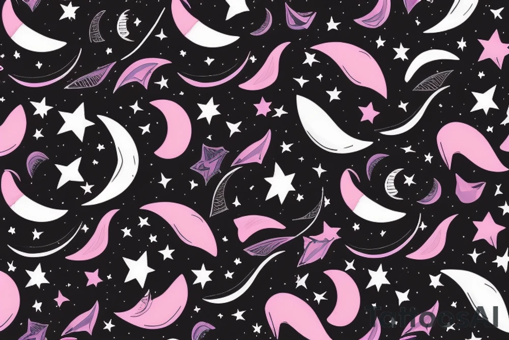 left forearm

crescent moon with a tuxedo black cat sitting on it.

on the crescent moon there are strings of stars dangling from it

the cat is sitting on the edge of the moon looking up

the colors used should be subtle colors. pink
no background tattoo idea