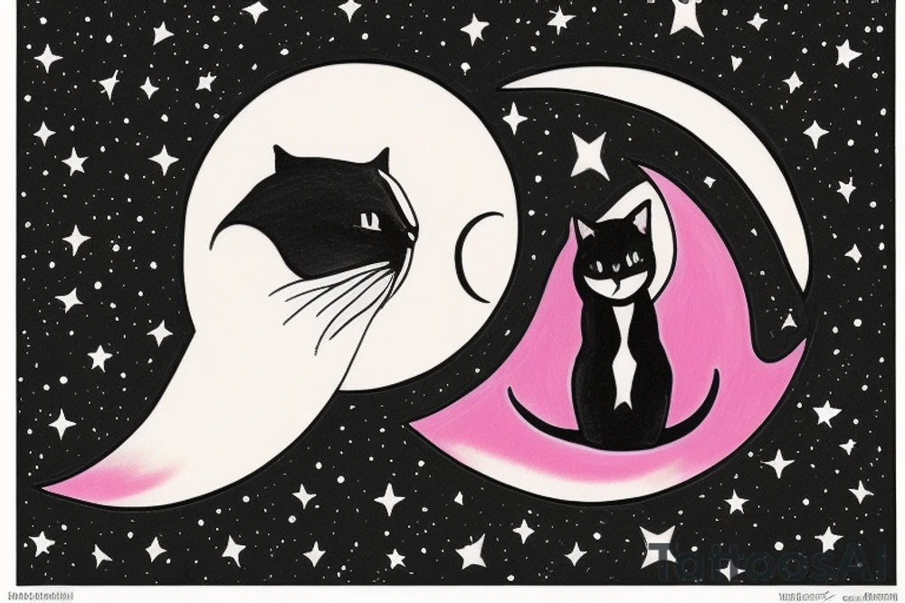 left forearm

crescent moon with a tuxedo black cat sitting on it.

on the crescent moon there are strings of stars dangling from it

the cat is sitting on the edge of the moon looking up

the colors used should be subtle colors. pink
no background tattoo idea