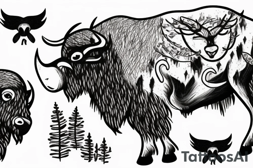 Angry Buffalo in a Forrest surrounded by mountains tattoo idea