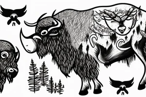 Angry Buffalo in a Forrest surrounded by mountains tattoo idea
