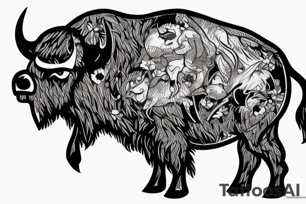 Angry Buffalo in a Forrest surrounded by mountains tattoo idea