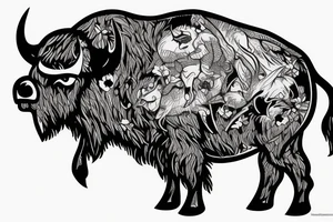 Angry Buffalo in a Forrest surrounded by mountains tattoo idea