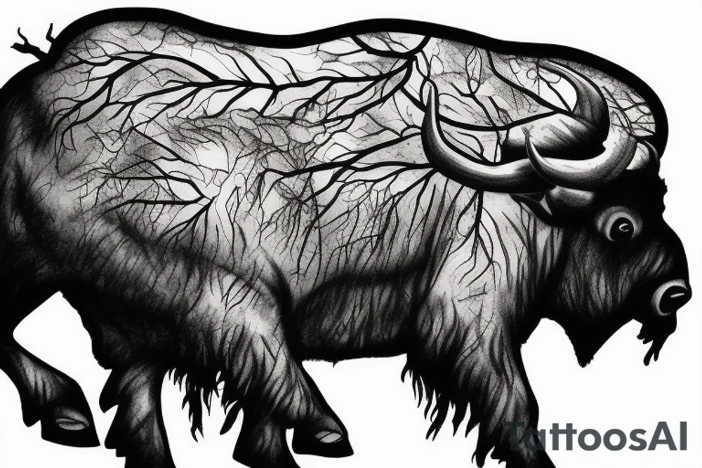 Angry Buffalo in a Forrest surrounded by mountains tattoo idea Angry Buffalo in a Forrest surrounded by mountains tattoo idea