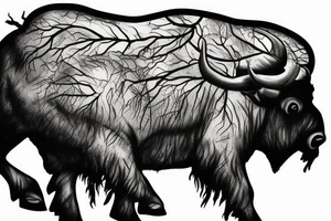 Angry Buffalo in a Forrest surrounded by mountains tattoo idea