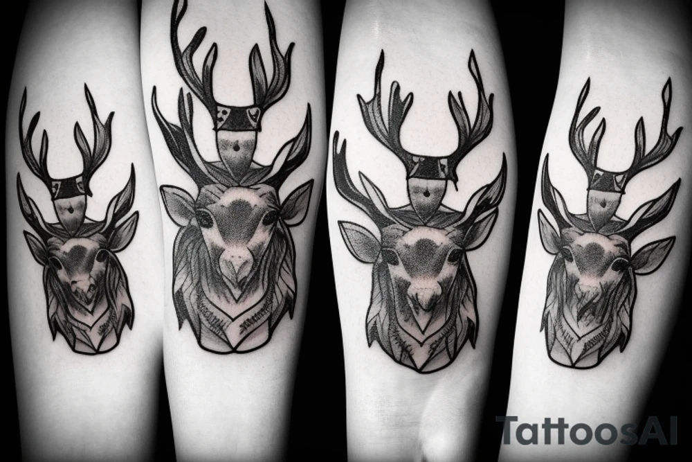 Two hands in the shape of a stag with a broken chain between its horns tattoo idea