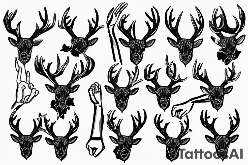 Two hands in the shape of a stag with a broken chain link between its horns tattoo idea