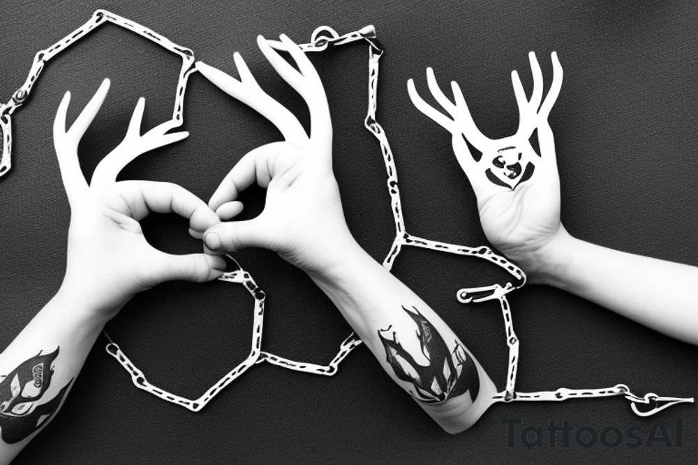 Two hands in the shape of a stag with a broken chain link between its horns tattoo idea