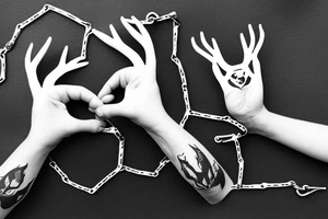 Two hands in the shape of a stag with a broken chain link between its horns tattoo idea