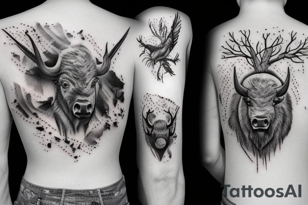 Angry Buffalo in a Forrest surrounded by mountains tattoo idea Angry Buffalo in a Forrest surrounded by mountains tattoo idea