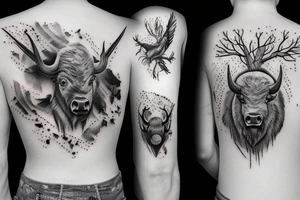Angry Buffalo in a Forrest surrounded by mountains tattoo idea
