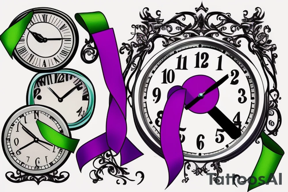 A clock with 12:36 displayed, a purple ribbon, a green ribbon tattoo idea