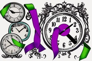 A clock with 12:36 displayed, a purple ribbon, a green ribbon tattoo idea