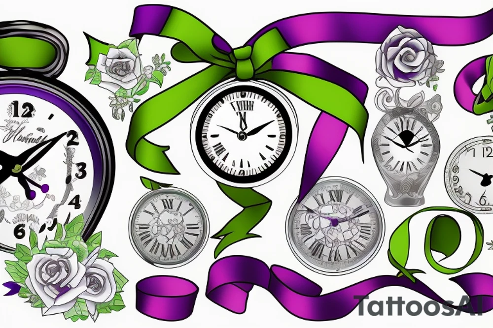 A clock with 12:36 displayed, a purple ribbon, a green ribbon tattoo idea
