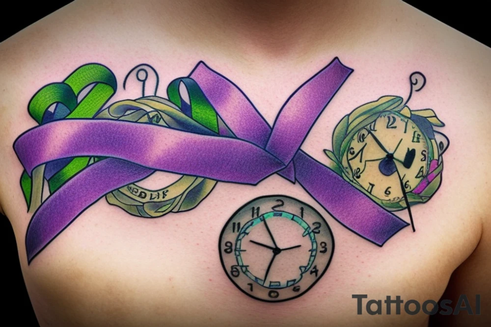 A clock with 12:36 displayed, a purple ribbon, a green ribbon tattoo idea