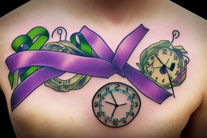 A clock with 12:36 displayed, a purple ribbon, a green ribbon tattoo idea