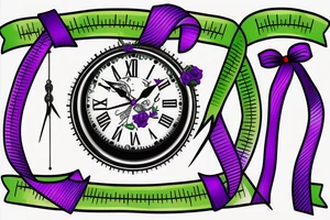 A clock with 12:36 displayed, a purple ribbon, a green ribbon tattoo idea