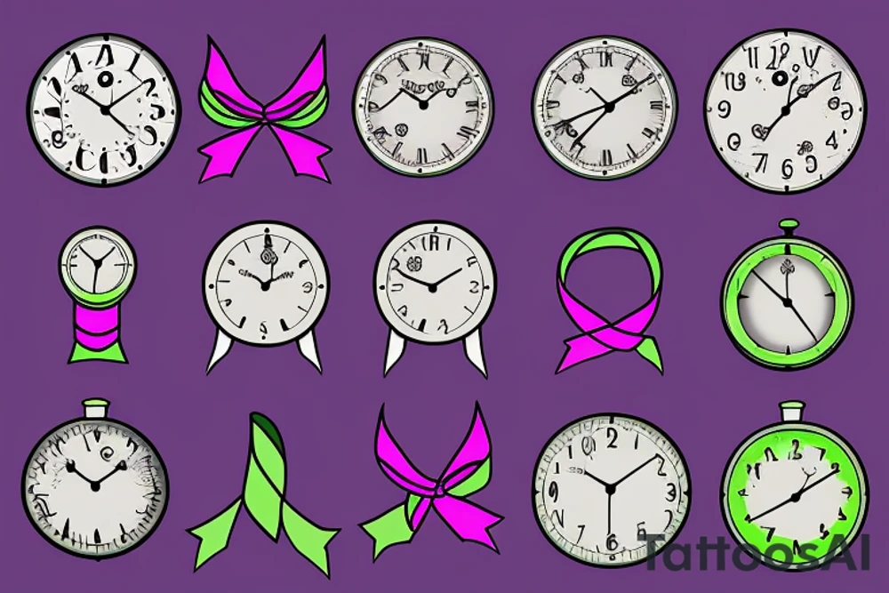 A clock with 12:36 displayed, a purple ribbon, a green ribbon tattoo idea