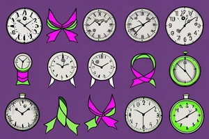A clock with 12:36 displayed, a purple ribbon, a green ribbon tattoo idea