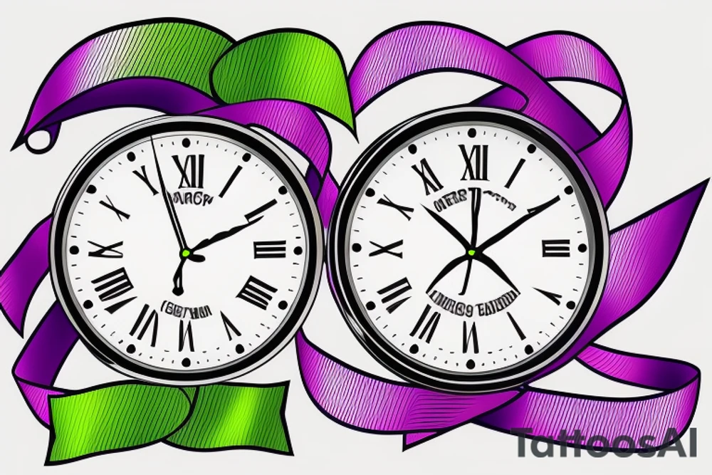 A clock with 12:36 displayed, a purple ribbon, a green ribbon tattoo idea