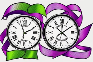 A clock with 12:36 displayed, a purple ribbon, a green ribbon tattoo idea