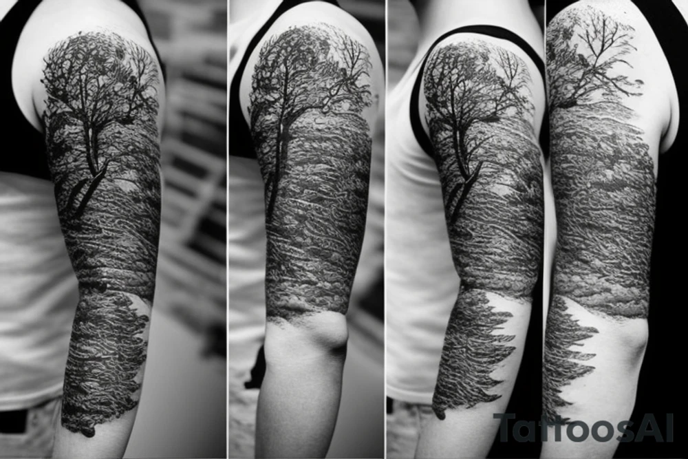 Full arm sleeve with ocean background and trees tattoo idea Full arm sleeve with ocean background and trees tattoo idea