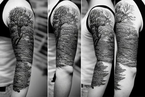 Full arm sleeve with ocean background and trees tattoo idea