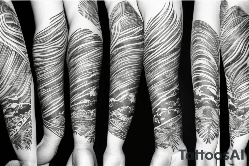 Full arm sleeve with ocean background and trees tattoo idea Full arm sleeve with ocean background and trees tattoo idea