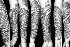 Full arm sleeve with ocean background and trees tattoo idea
