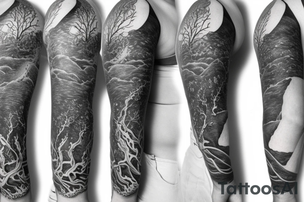 Full arm sleeve with ocean background and trees, main focus being animals and Greek mythology tattoo idea
