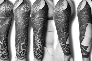 Full arm sleeve with ocean background and trees, main focus being animals and Greek mythology tattoo idea