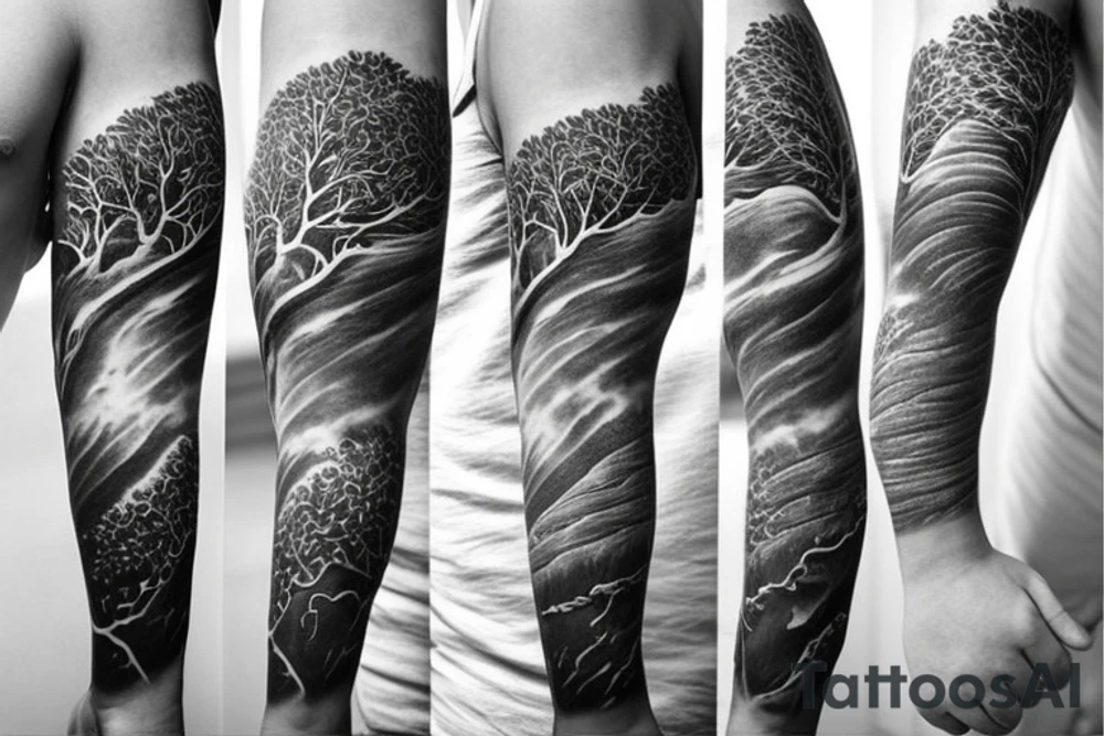 Full arm sleeve with ocean background and trees, main focus being animals and Greek mythology tattoo idea